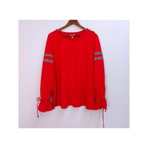 Crown & Ivy‎ Red Long Sleeve Top Striped Tie Cuff Pullover Blouse XL / #1029